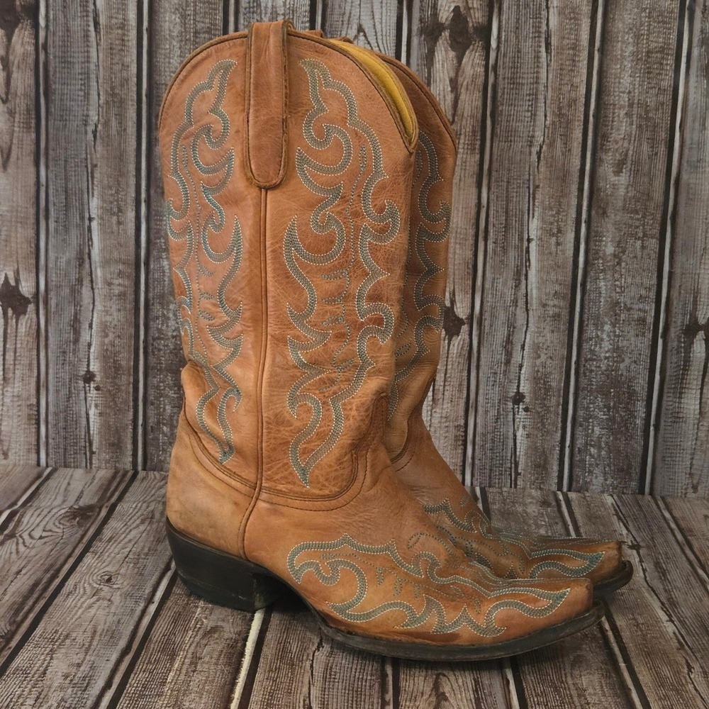 Sz 8 B Womens Cavenders Tan Blue Leather Snip Toe Western Cowboy Boots VGUC